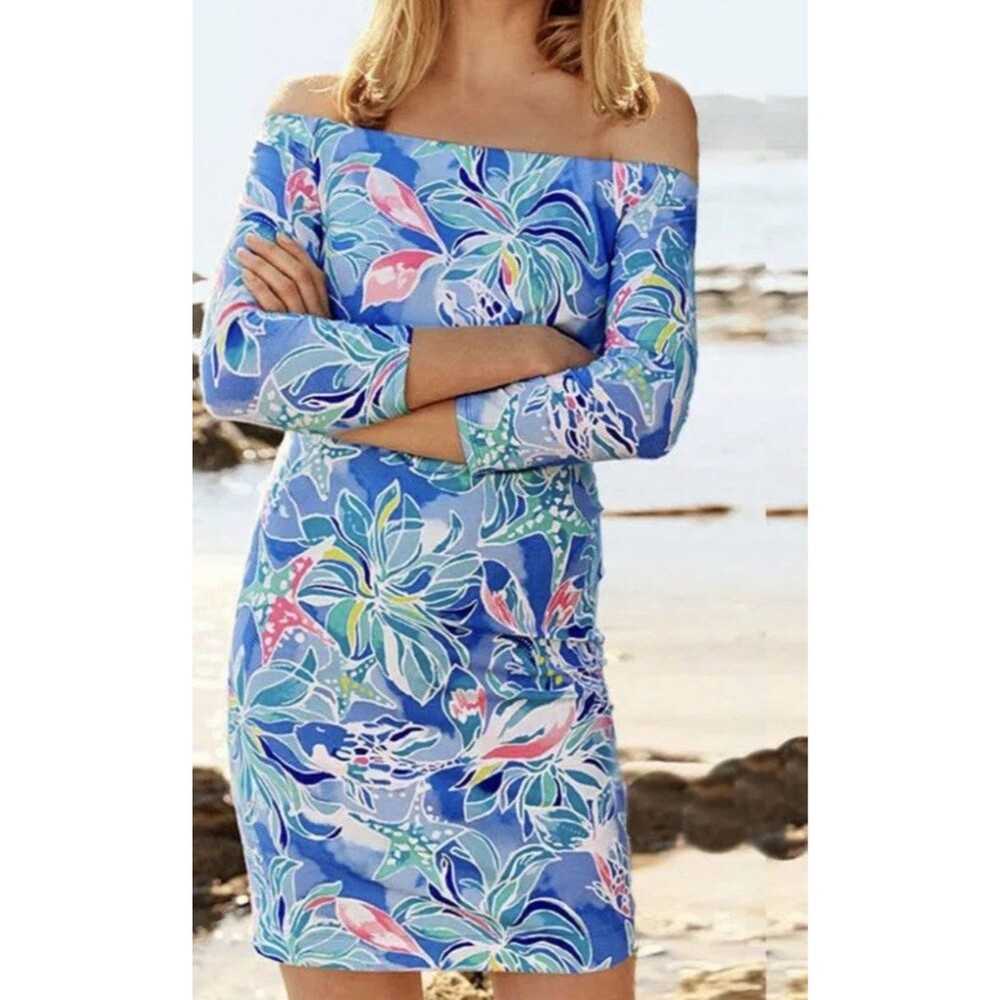 Lilly Pulitzer Laurana Bennet Blue Celestial Seas Off Shoulder Tropical Beach XS
